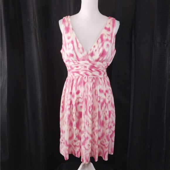 TRINA TURK, LOS ANGELES! SILK! PINK & WHITE ABSTRACT A-LINE CHIFFON DRESS! SZ 10 - Picture 2 of 10